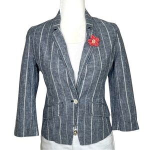 AEO Blazer Fitted Striped Linen Cotton Chambray Office Jacket Blue White XS